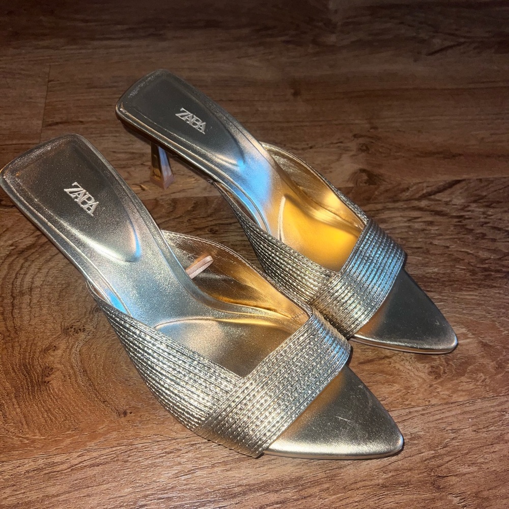Zara Metallic Gold Heeled Mules